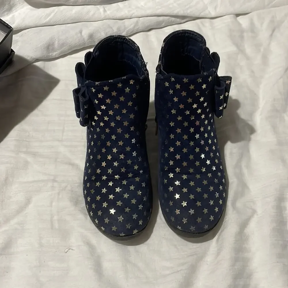 Tahari 12 navy blue gold stars ankle boots side zipper rubber soles guc fez